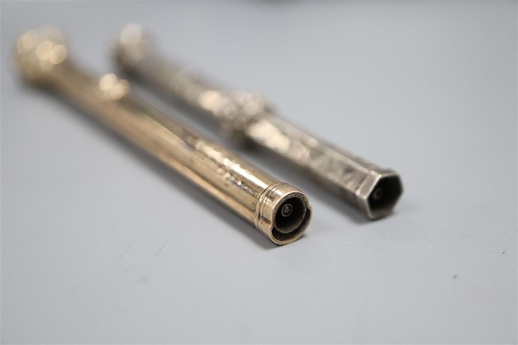 A Victorian gold overlaid telescopic pen/pencil and a silver pencil dated 1848